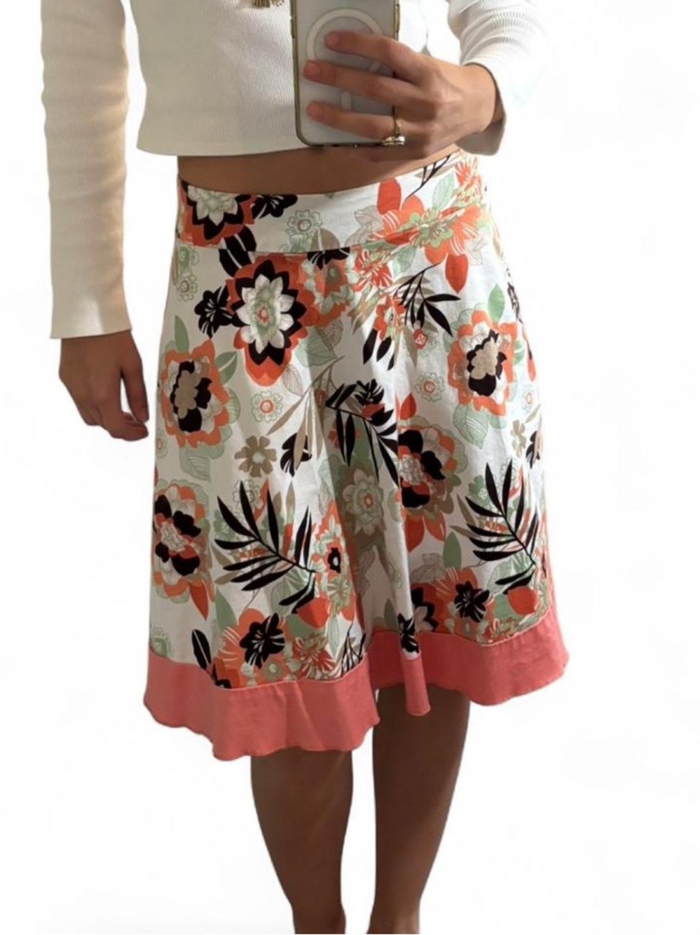 Vintage My Michelle White Floral Skirt with Coral Trim